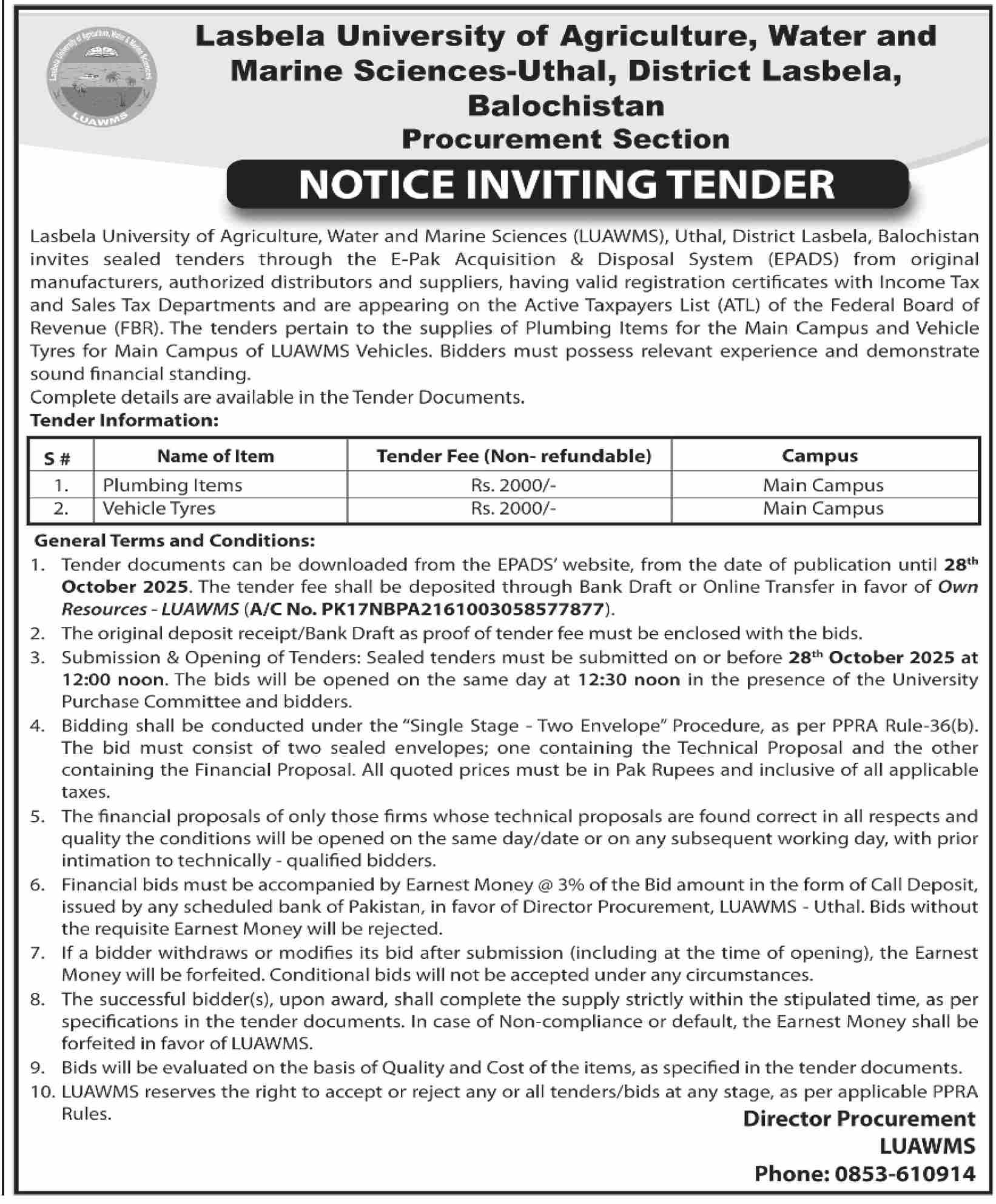 Lasbela University of Agriculture Water & Marine Science Tender Notice